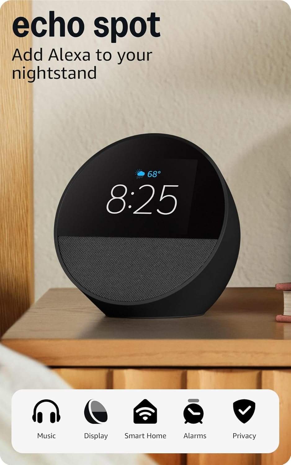 smart alarm clock Echo Spot on nightstand display