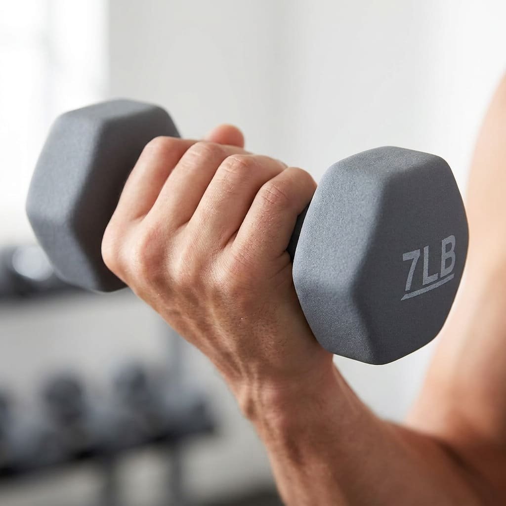 hand gripping neoprene dumbbells during curl exercise