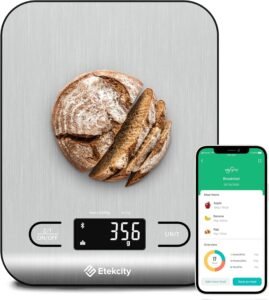 Etekcity smart food scale weighing bread with VeSync app nutrition tracking