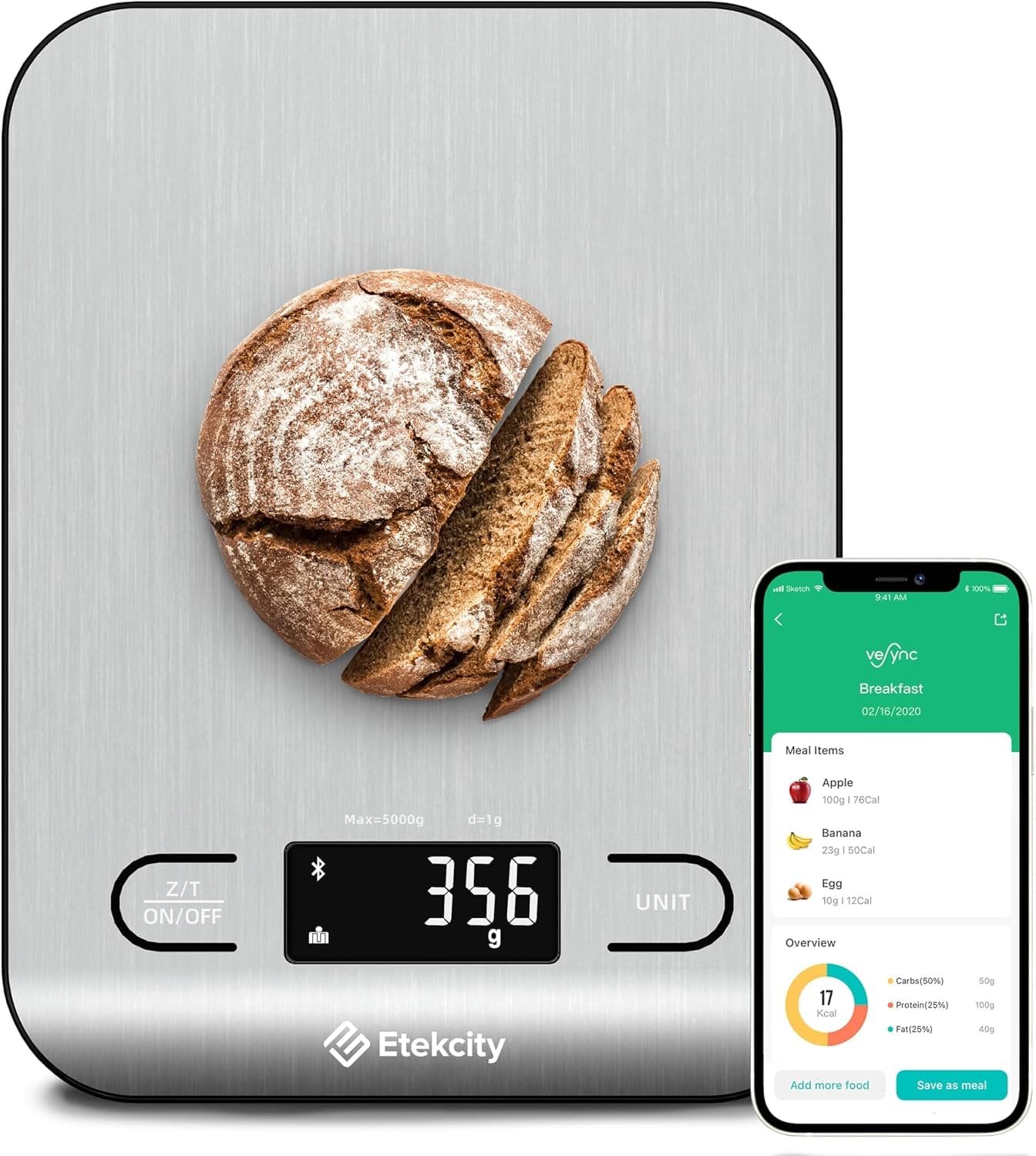 Etekcity smart food scale weighing bread with VeSync app nutrition tracking
