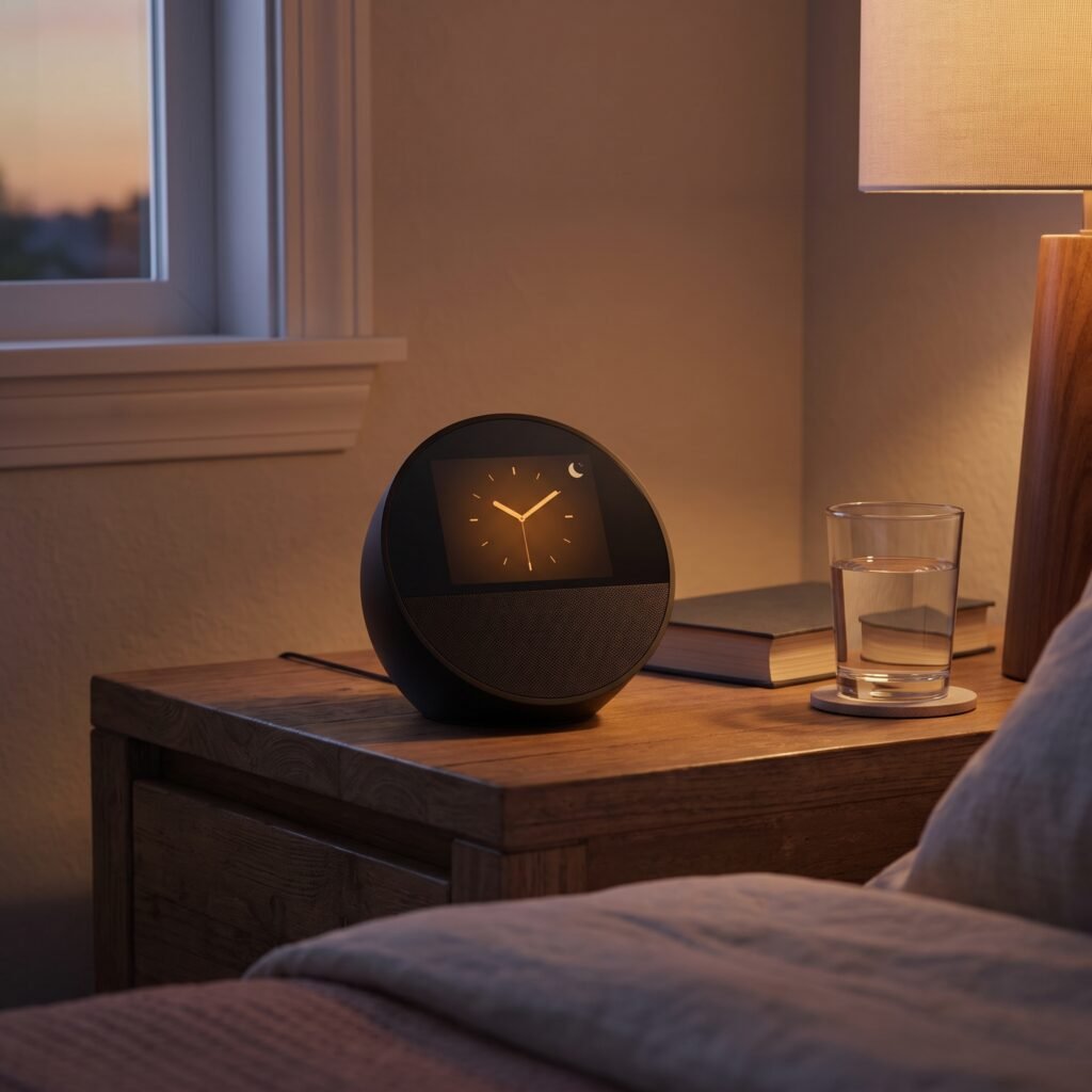 Smart Alarm Clock or Sunrise Lamp? The Truth About the Echo Spot 3 Alt text: smart alarm clock dimmed on nightstand at night