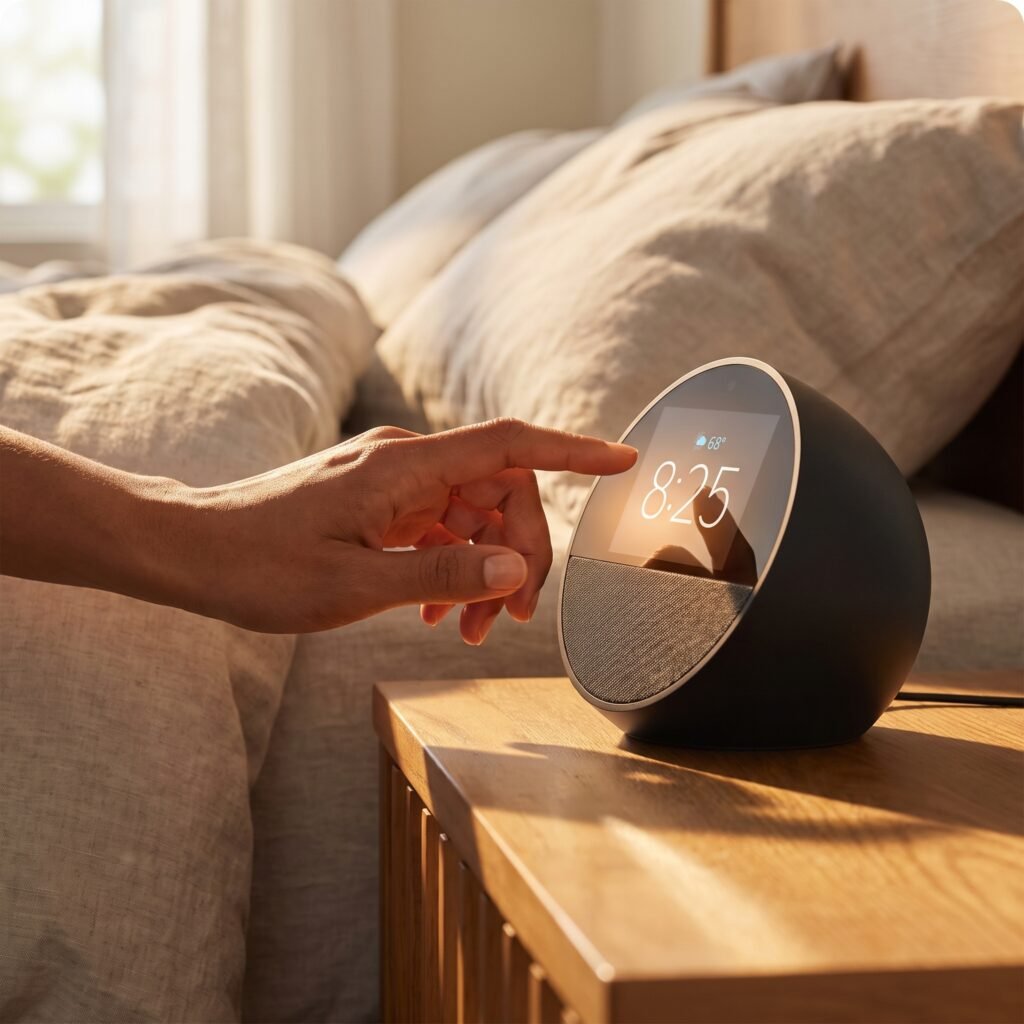 Smart Alarm Clock or Sunrise Lamp? The Truth About the Echo Spot 2 hand touching smart alarm clock screen in the morning