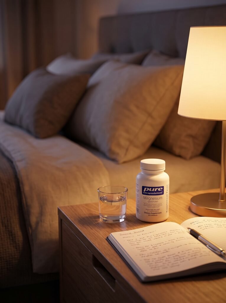 Magnesium Glycinate: The Ultimate Effortless Solution for Restful Sleep in 2026 3 magnesium glycinate bottle on nightstand as part of evening wellness routine