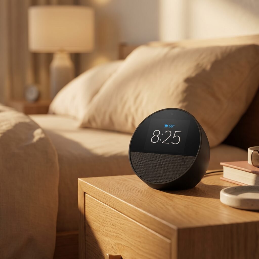 Smart Alarm Clock or Sunrise Lamp? The Truth About the Echo Spot 1 smart alarm clock on nightstand showing time and weather