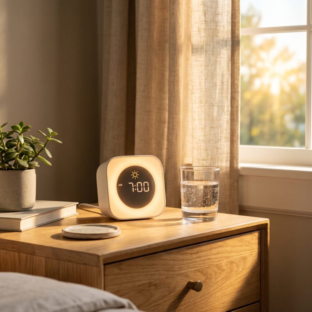 sleep inertia solution gentle smart alarm clock on nightstand