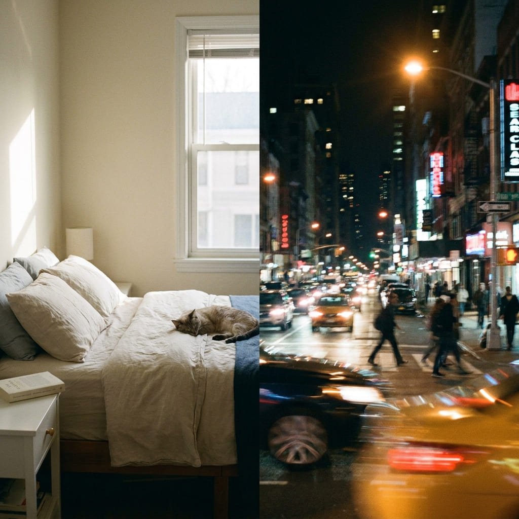 split image comparing a quiet bedroom and a noisy city street