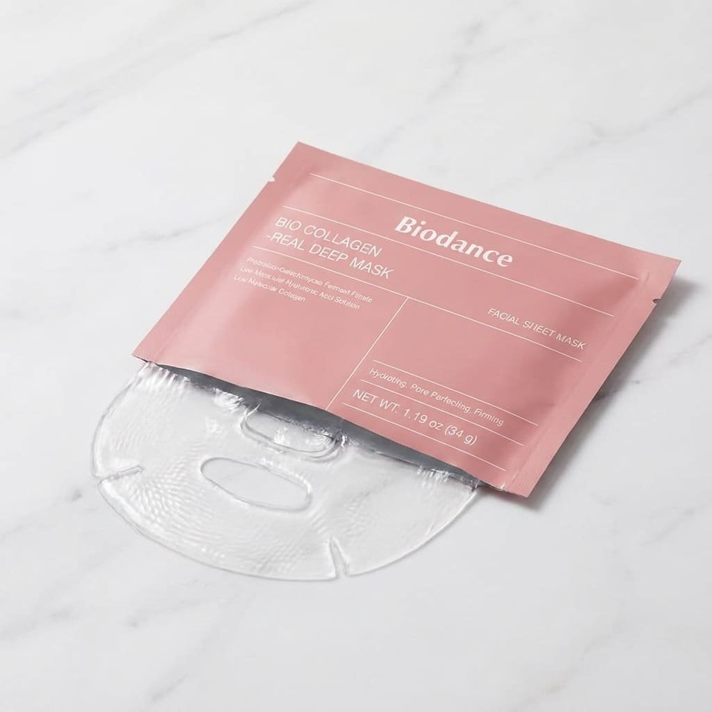 collagen mask hydrogel packet on marble surface