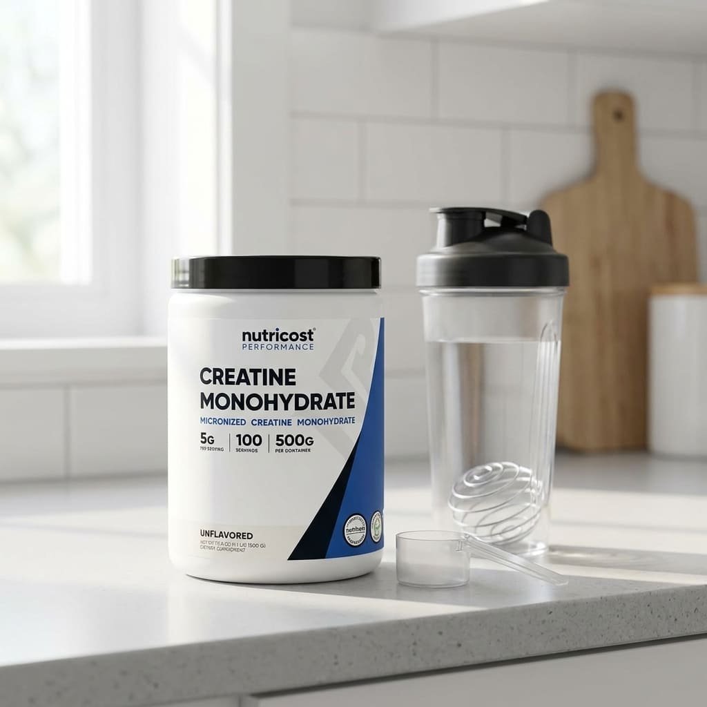 Nutricost Creatine Monohydrate Review: Grading 6 Claims by the Evidence 1 creatine monohydrate powder tub with scoop and shaker