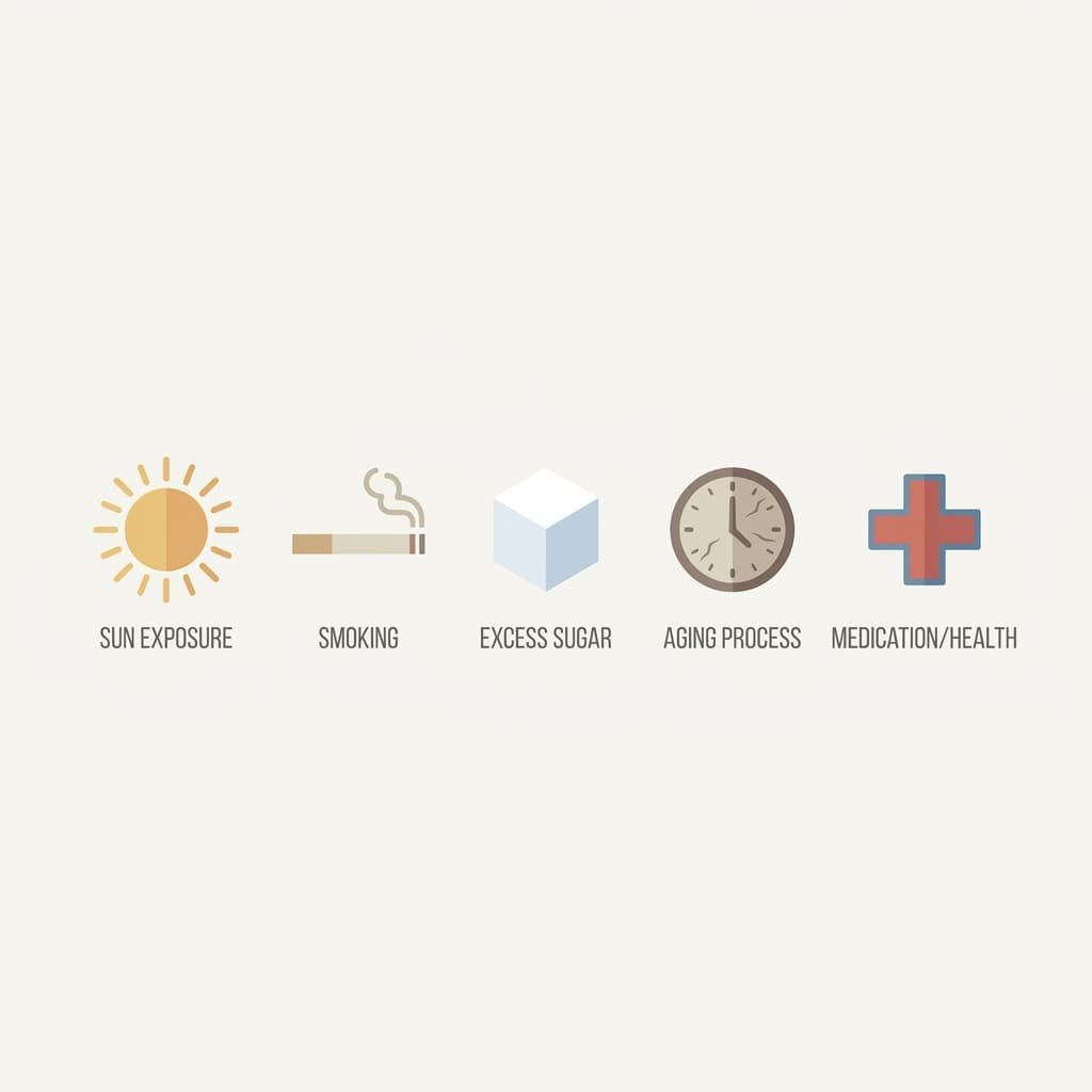 Collagen Loss Truth: 5 Real Causes (and the One a Mask Fixes) 3 collagen loss five causes infographic icons