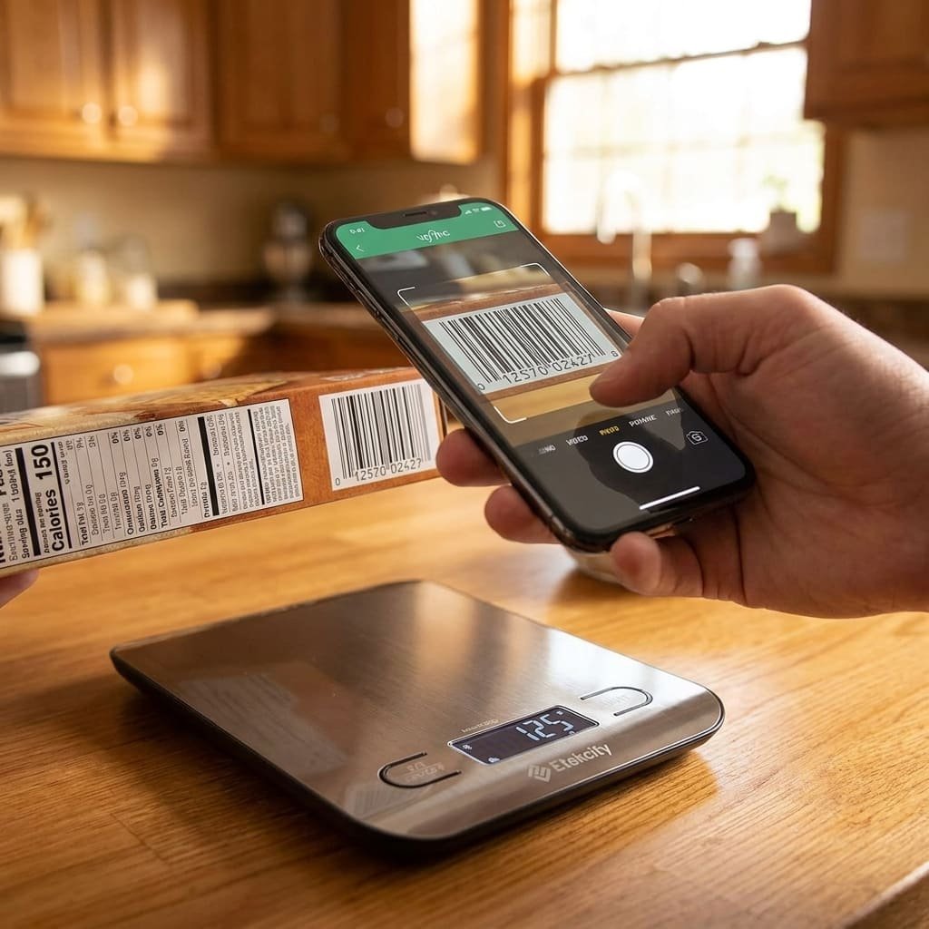 person scanning food barcode with smart food scale app