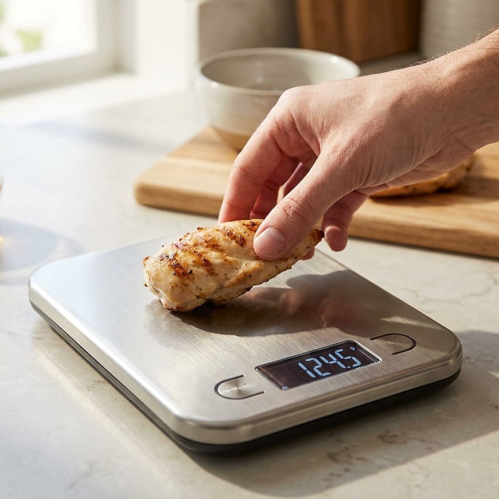 Calorie Estimation: The Proven Reason Bigger Meals Trick You by 40% 3 hand placing food on smart food scale for precise weighing