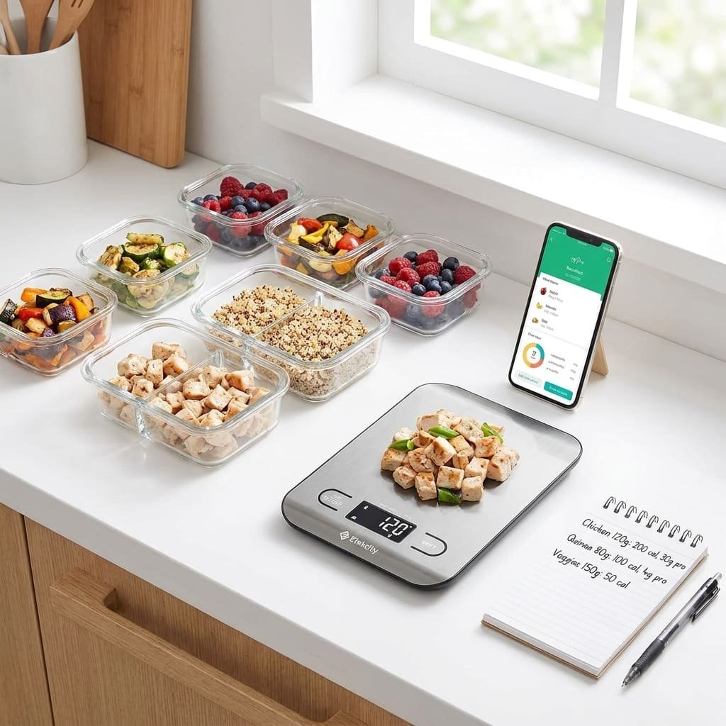 weighed and logged meal prep containers with nutrition data