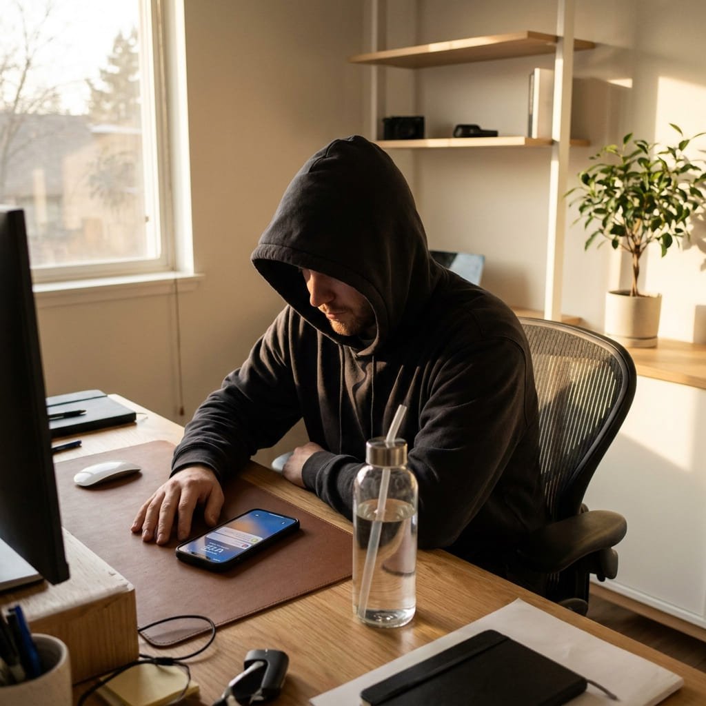 person checking phone hydration reminder notification at desk