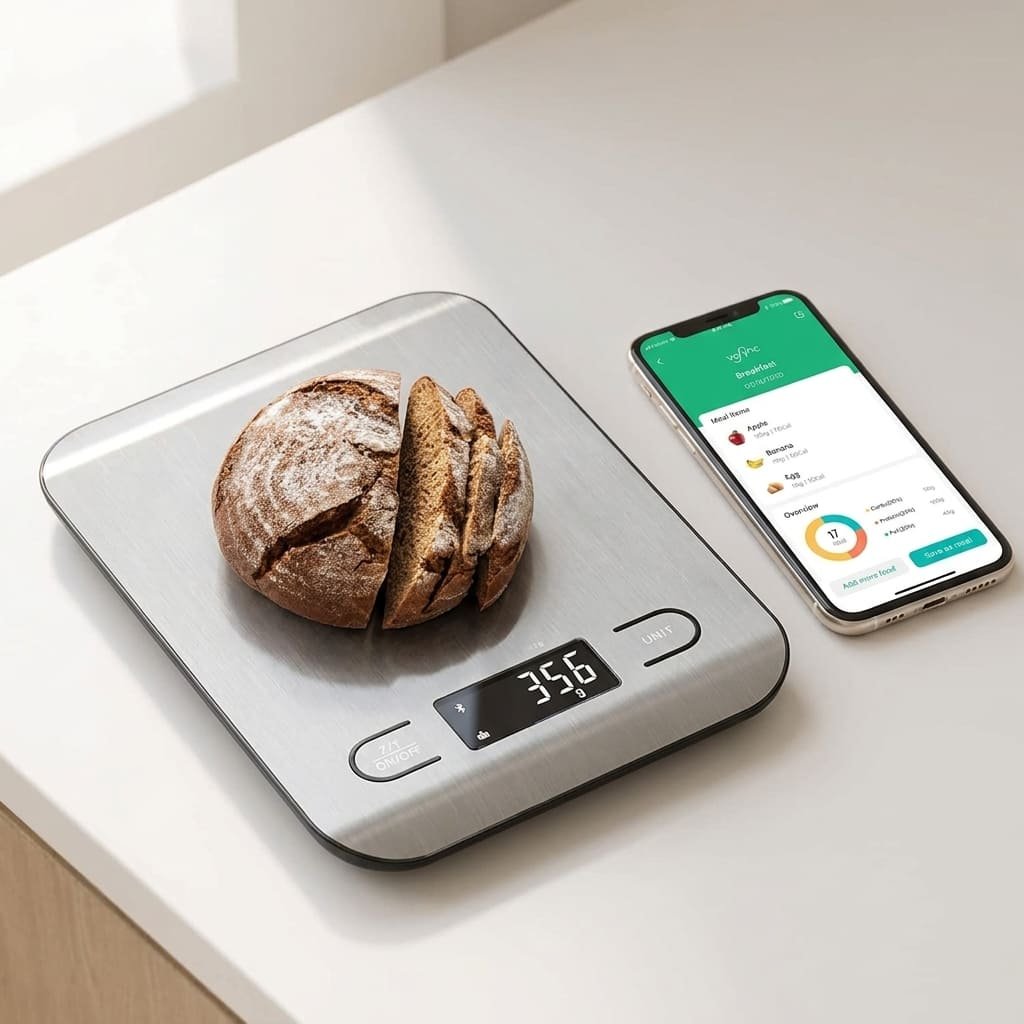 Etekcity smart nutrition scale with phone showing VeSync app