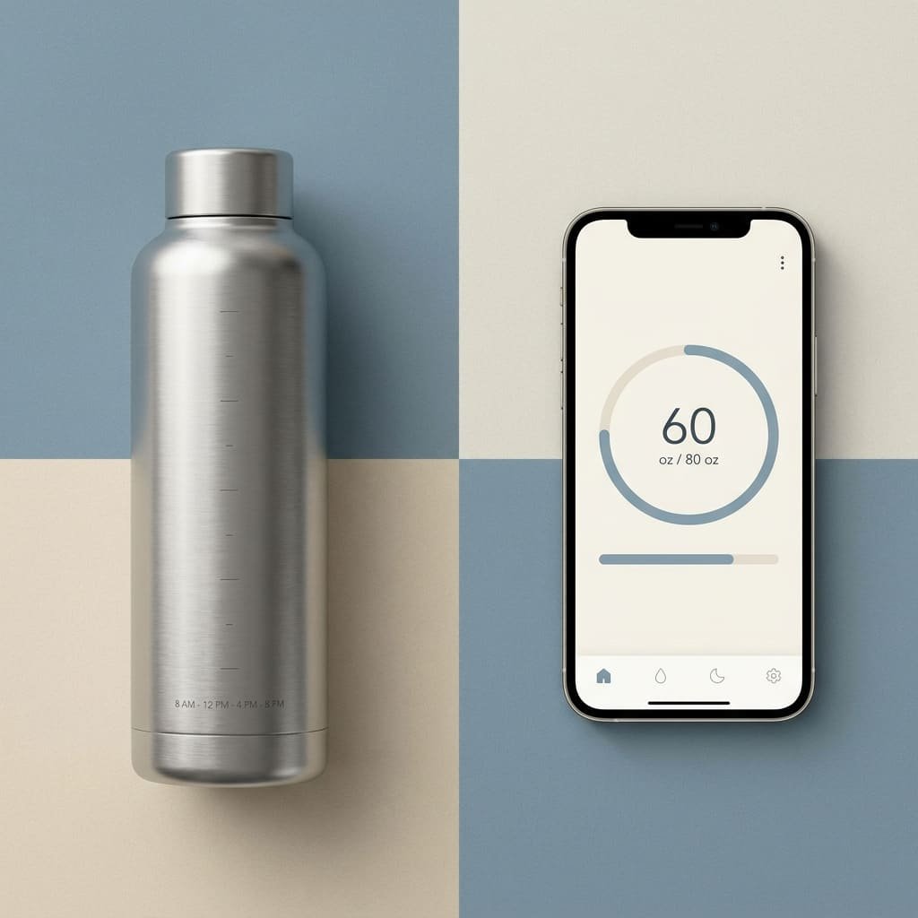 split comparison of a water bottle reminder versus a phone tracking app