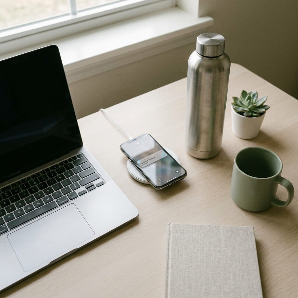 smart water bottle on desk with hydration reminder app notification