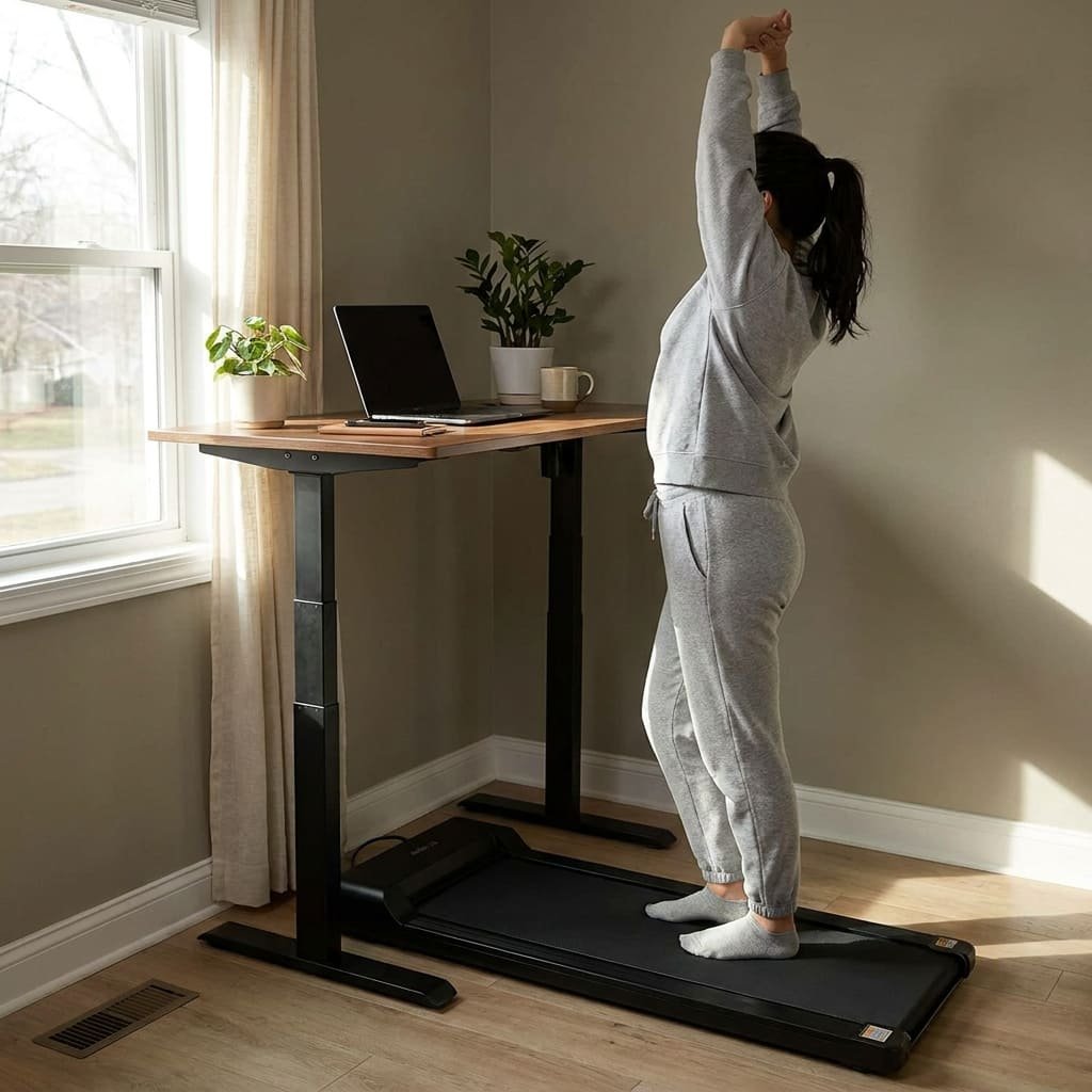 Habit Stacking 2026: 4 Proven Pillars for a Routine That Actually Sticks 3 person doing a short stretch stack after walking pad session