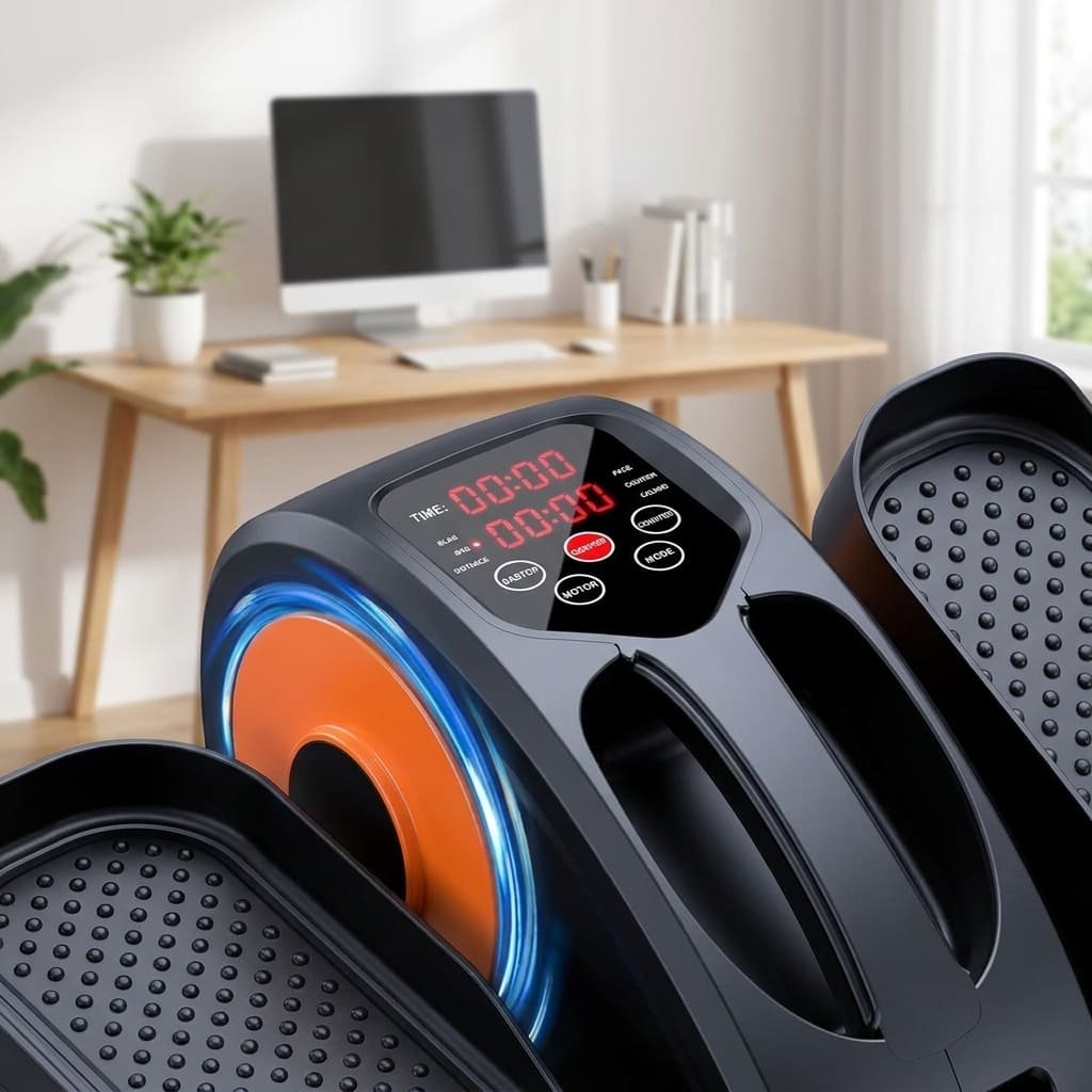 Under Desk Elliptical Review: 5 Proven Reasons Sitting Still Isn't the Answer 1 digital display on under desk elliptical showing time pace and calories