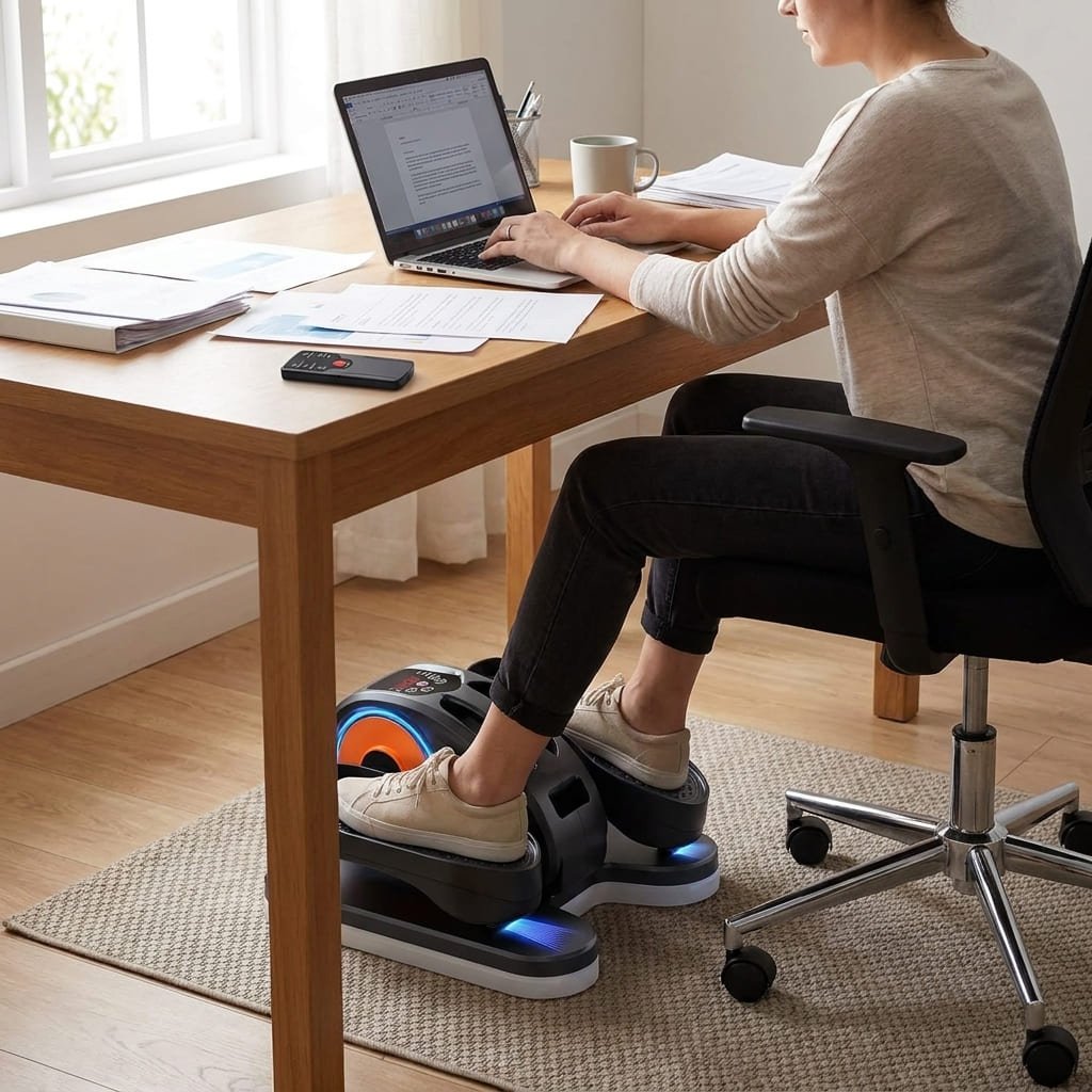 Under Desk Elliptical Review: 5 Proven Reasons Sitting Still Isn't the Answer 2 using seated under desk elliptical while working at laptop