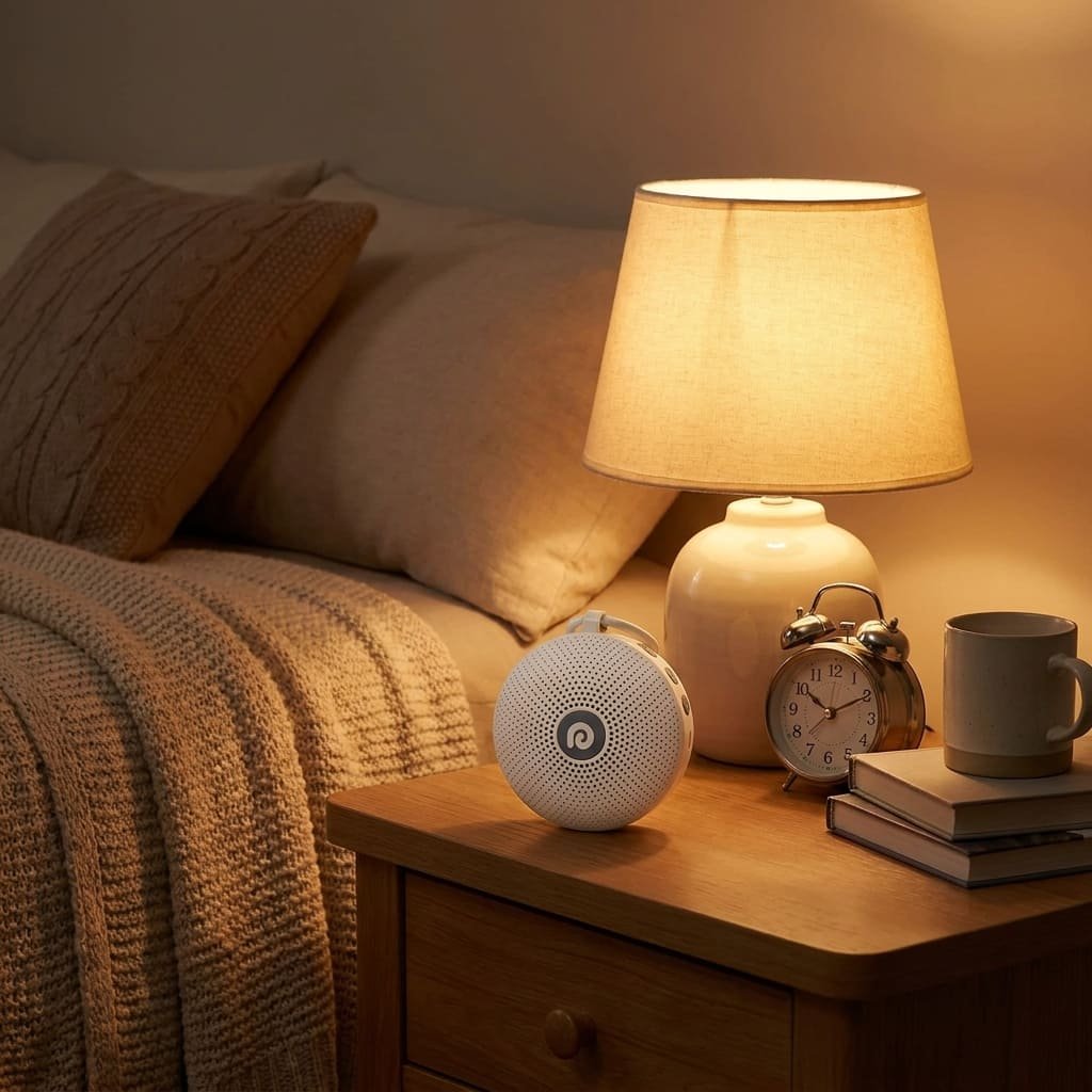 adult using portable white noise machine on nightstand