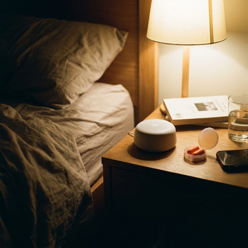 person deciding between white noise machine and earplugs on nightstand
