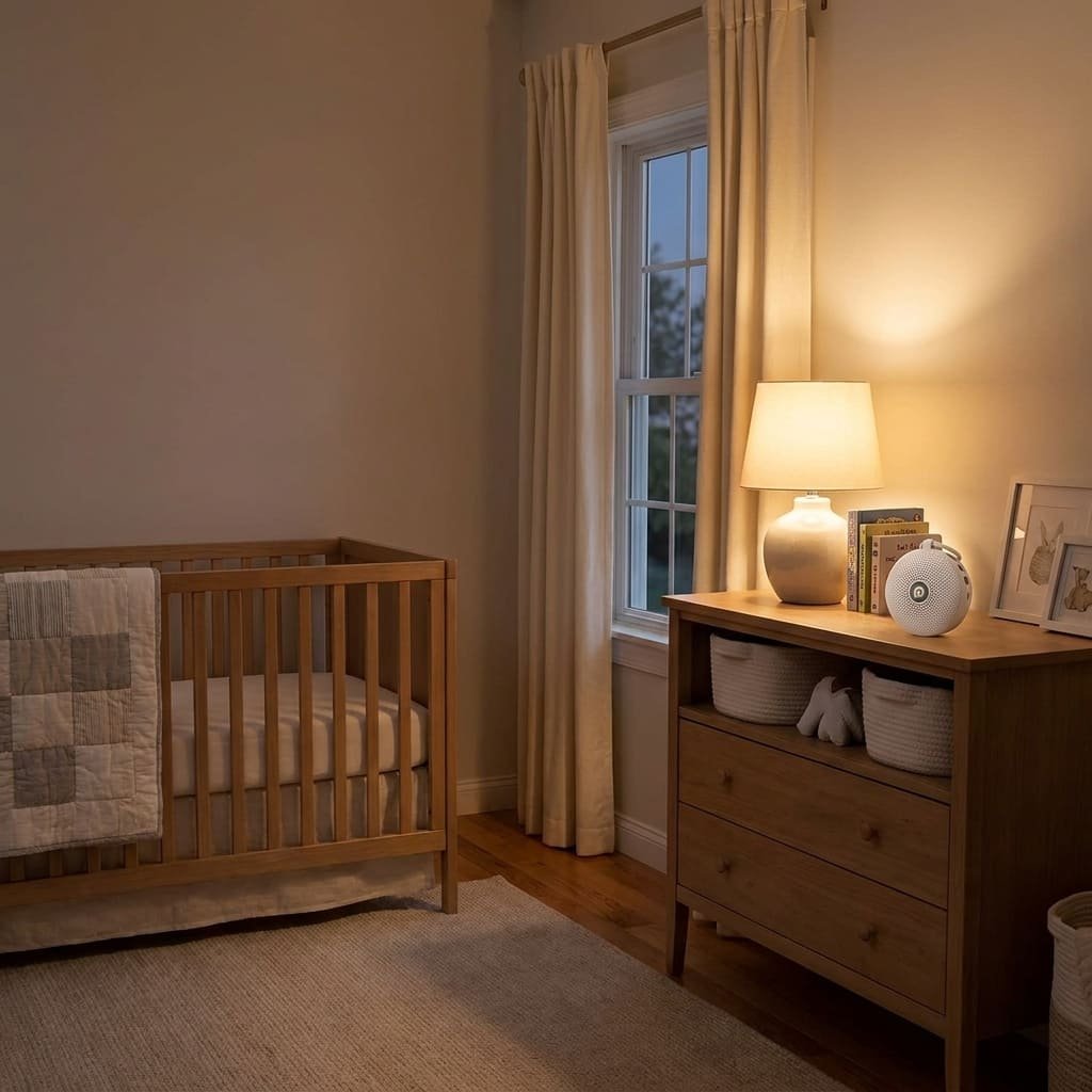 portable white noise machine placed a safe distance from a crib