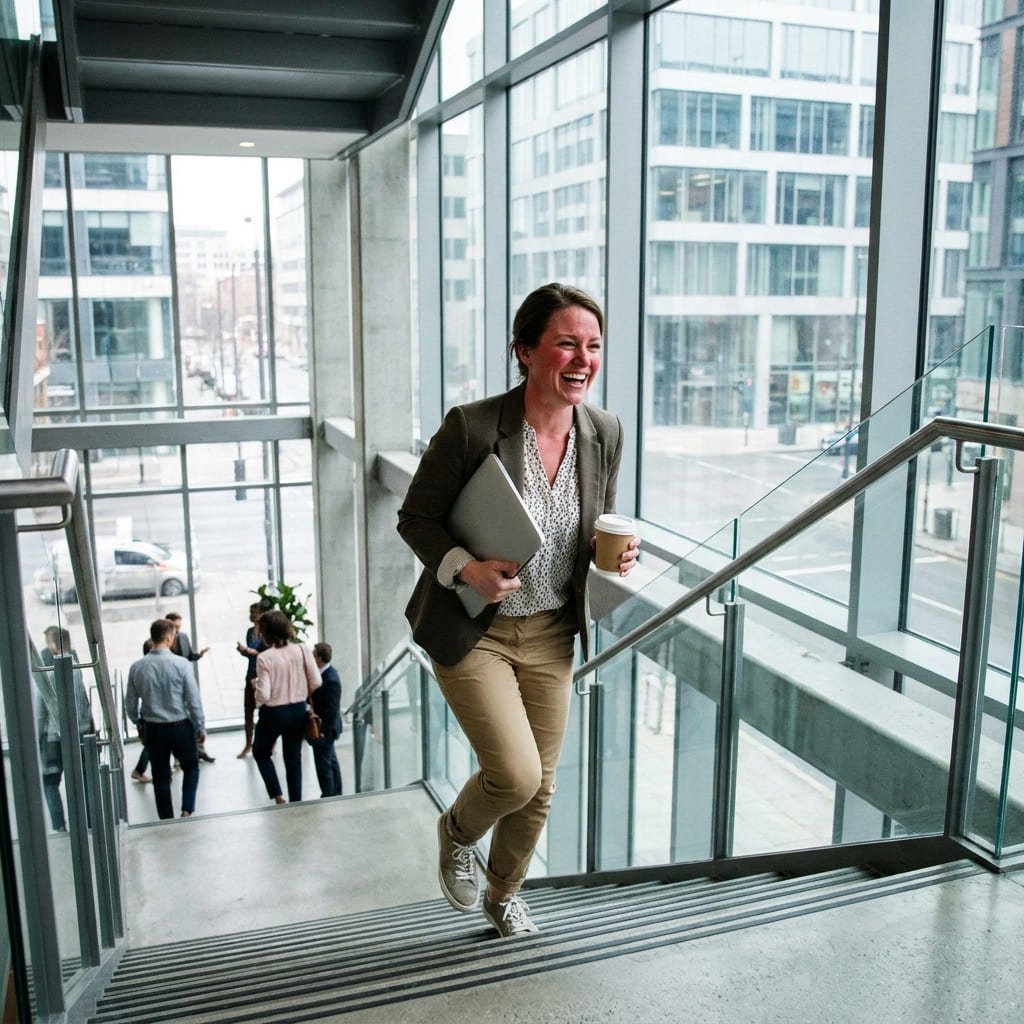 Exercise Snacks: 4 Proven Minutes for a Surprising Drop in Mortality Risk 4 person taking a brief stair-climbing break during a workday