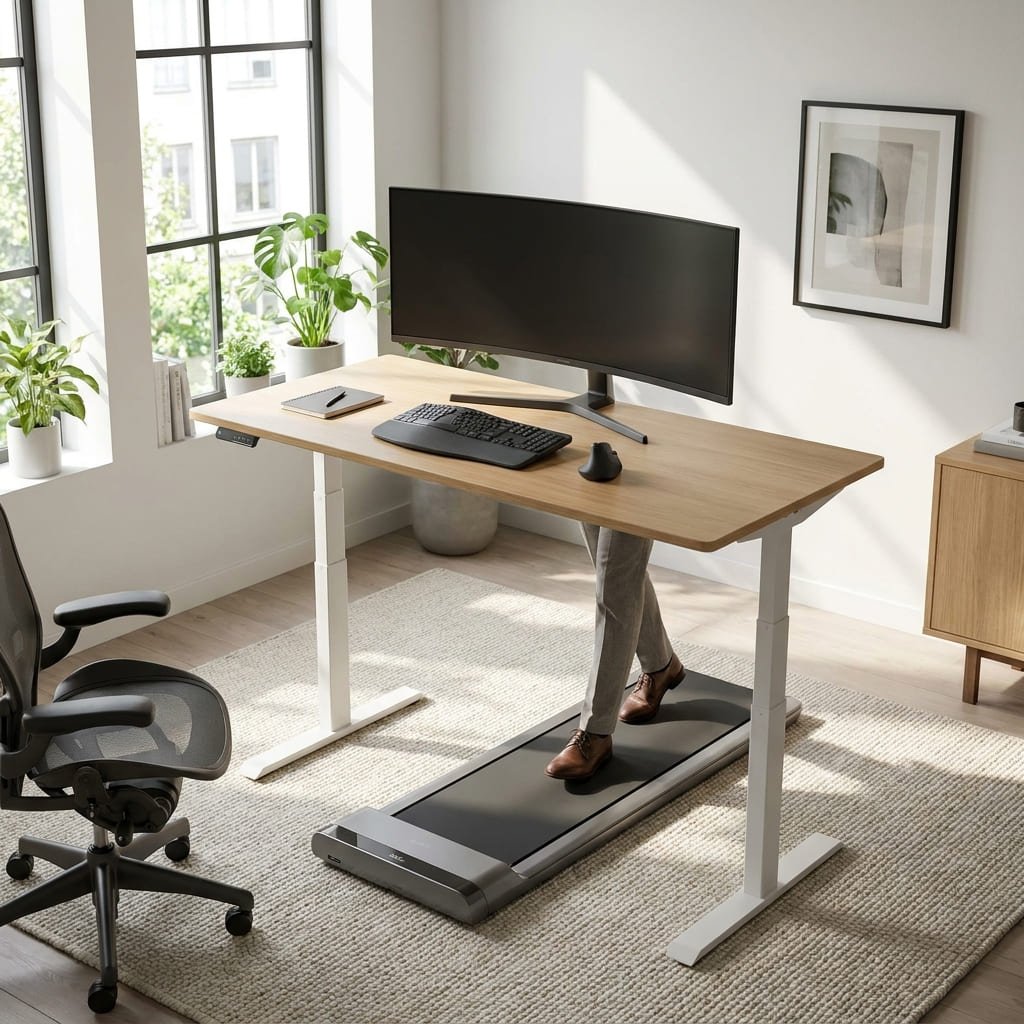 Active home office workstation featuring an ergonomic standing desk paired with an under-desk walking pad treadmill.