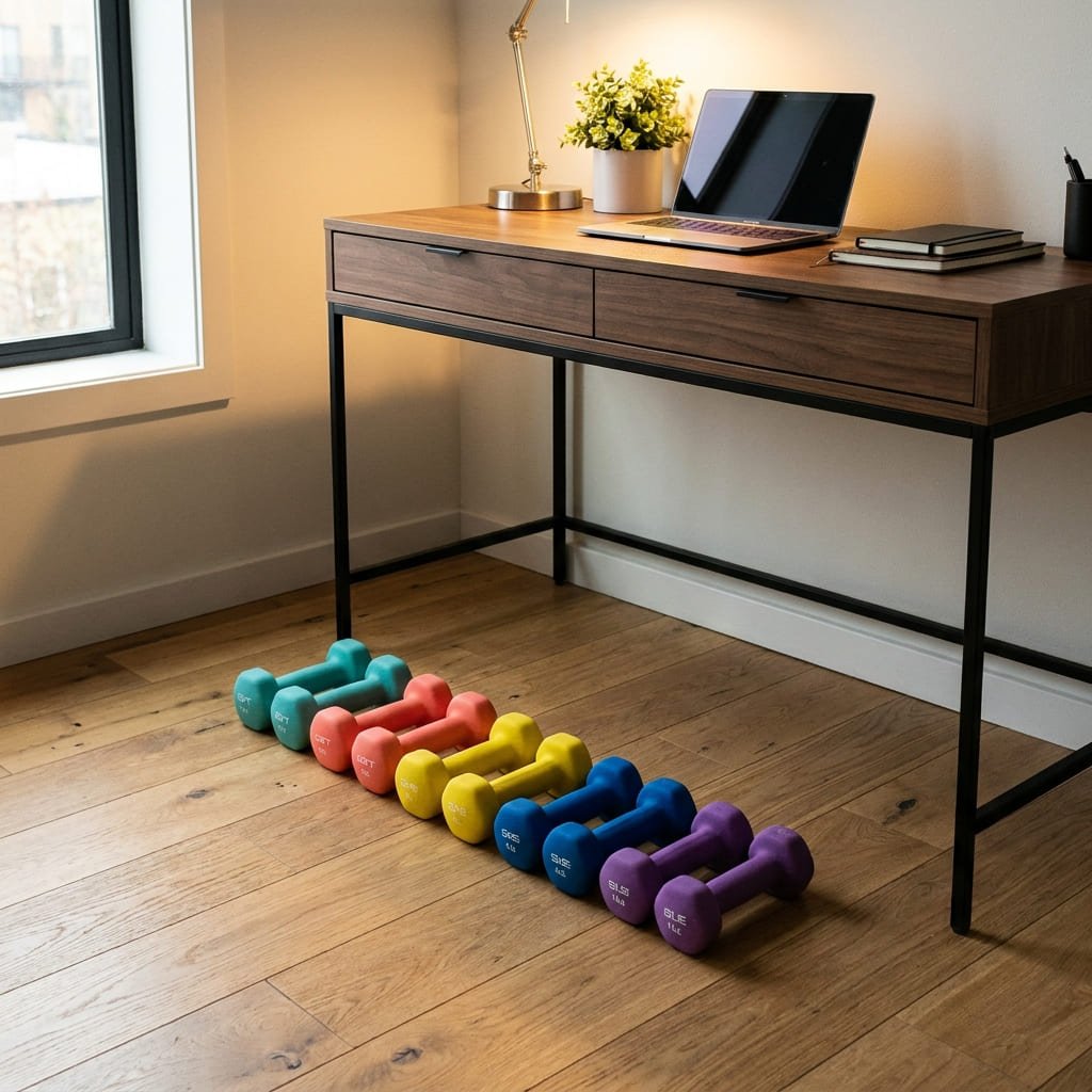 Set of light neoprene dumbbells stored beside a modern wooden office desk for quick micro-workouts.