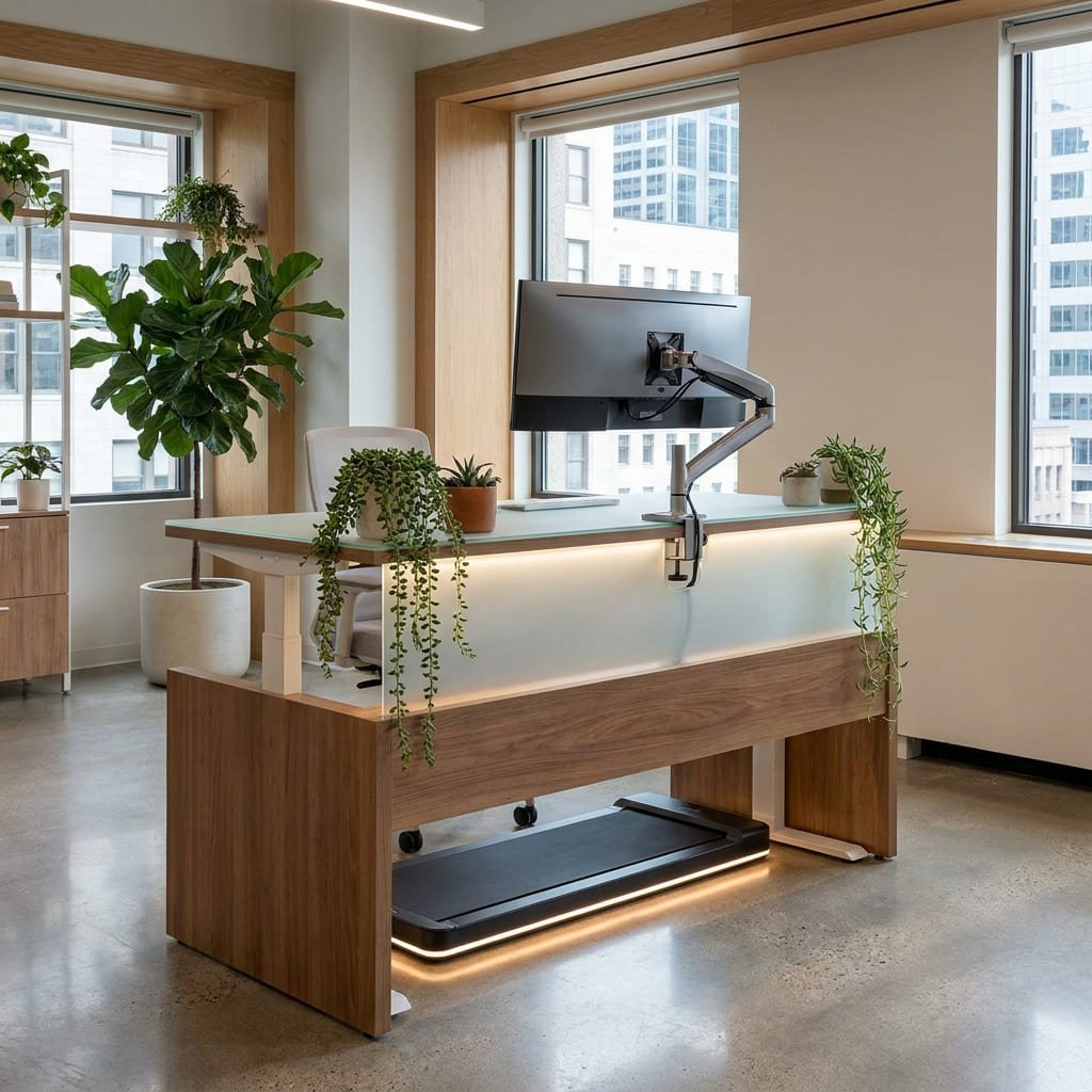  Contemporary standing desk workspace integrated with a slim under-desk walking treadmill.