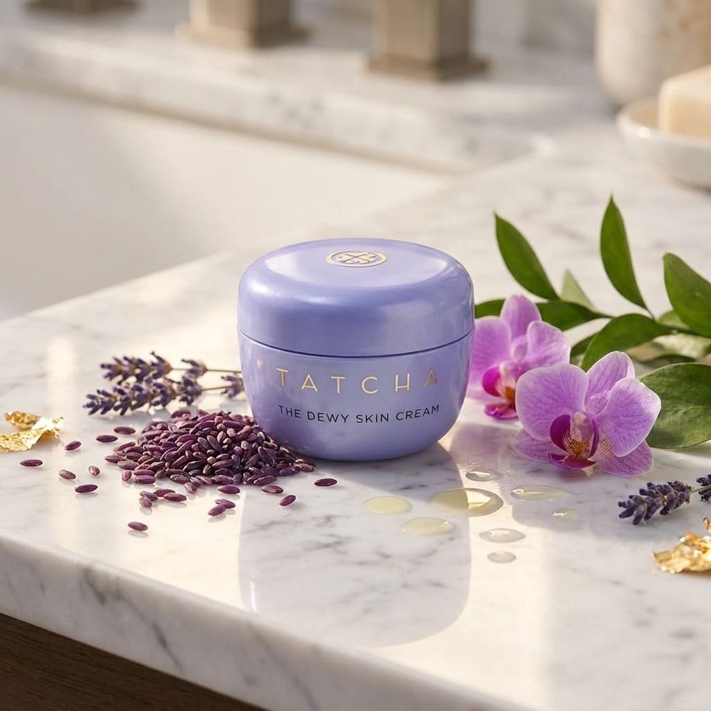 Rich Dewy Skin Cream: 3 Honest Clinical Reasons to Use It for Barrier Repair 1 Tatcha The Dewy Skin Cream purple jar sitting on a white marble vanity with fresh Japanese purple rice grains and green tea leaves.