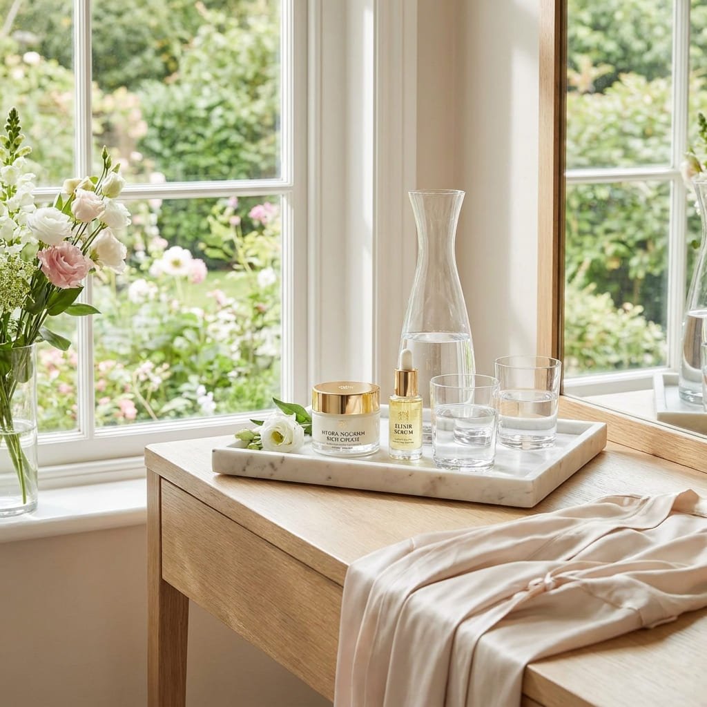 Skincare vanity arrangement featuring a rich moisturizing cream jar, hydrating serum dropper, and a glass water carafe.