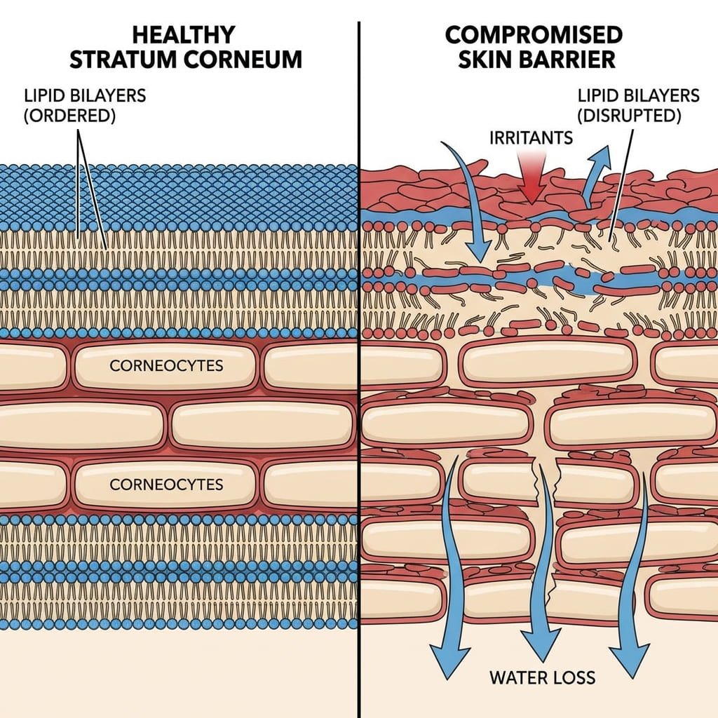 Detailed cross-section diagram of human stratum corneum comparing healthy lipid bilayers with a compromised skin barrier.