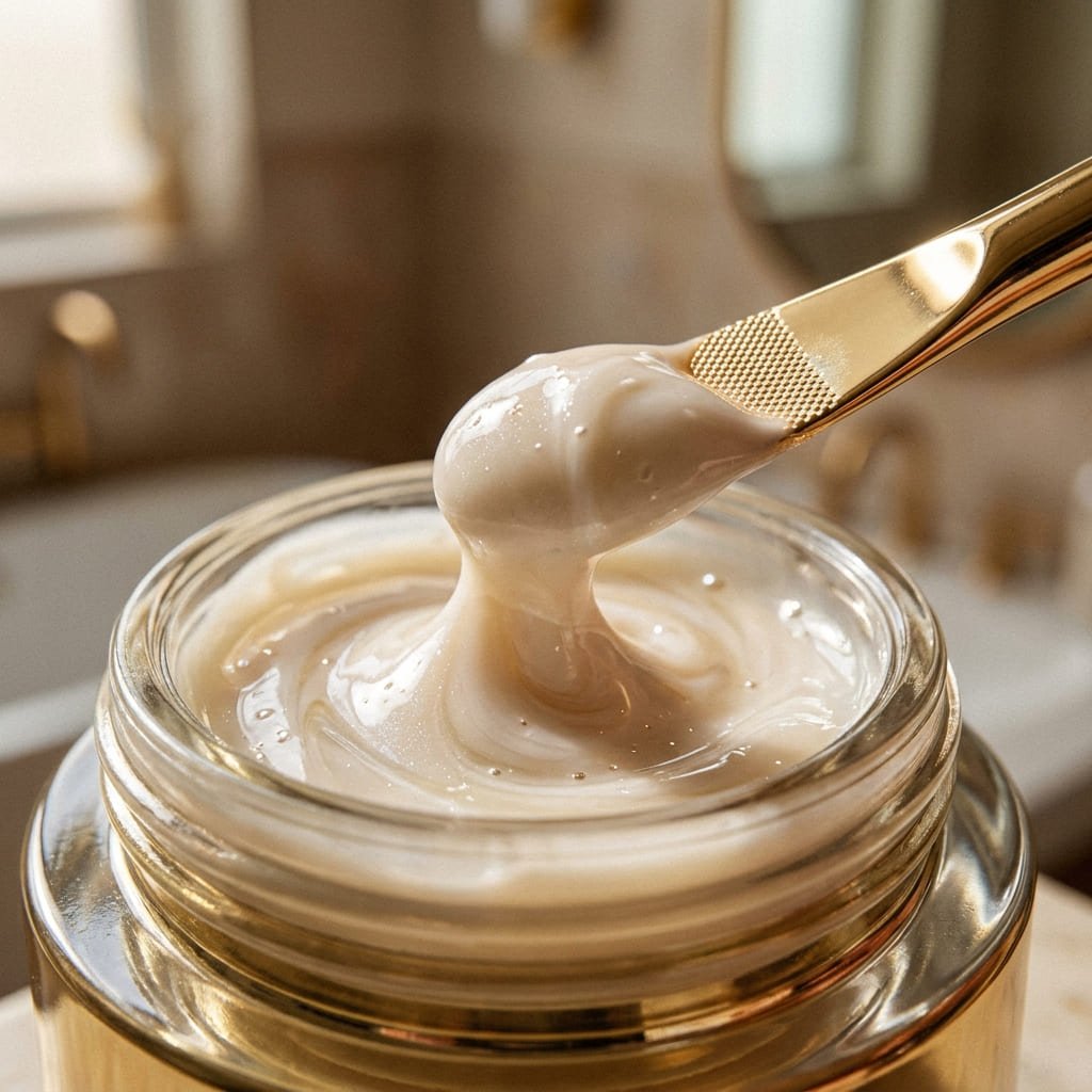 Close-up texture photograph of a rich bio-fermented moisturizer being scooped from a glass jar with a gold applicator.