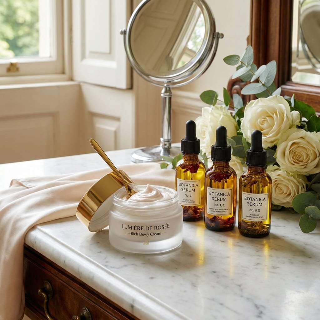 Rich Dewy Skin Cream: 3 Honest Clinical Reasons to Use It for Barrier Repair 3 Aesthetic vanity setup displaying rich dewy skin cream jar next to glass serum droppers and a gold skincare spoon.