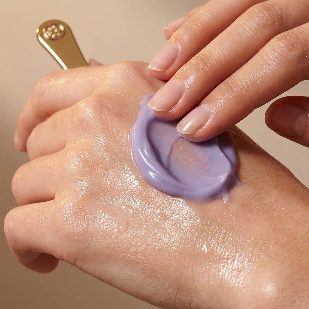 Rich Dewy Skin Cream: 3 Honest Clinical Reasons to Use It for Barrier Repair 2 Macro close-up of rich velvet facial cream texture being gently smoothed onto clean skin, revealing a luminous dewy finish.